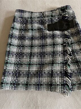 Etcetera Y2K Green & Black Plaid Tweed Mini Skirt Faux Wrap Size 4
